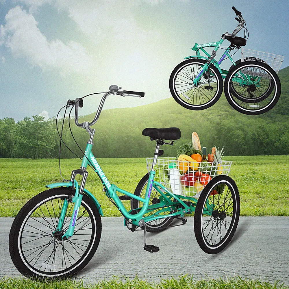 MOONCOOL Foldable Adult Tricycle Portable Folding Trike 26" 7Speed Bike w/Basket